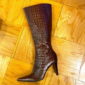Elegant Brown Crocodile-Embossed Knee-High Boots